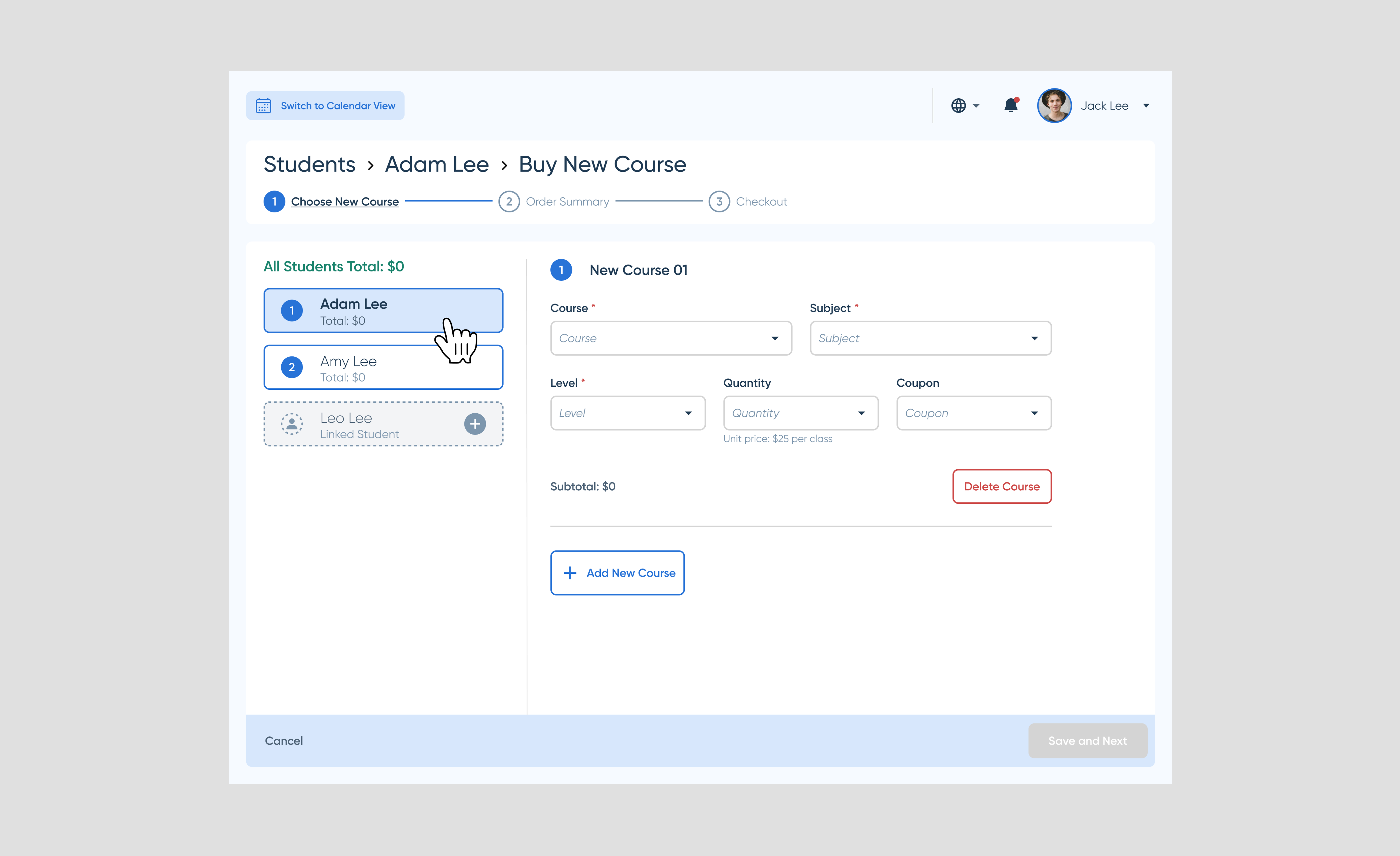 New purchase flow — Buy New Course modal with quantity and coupon fields